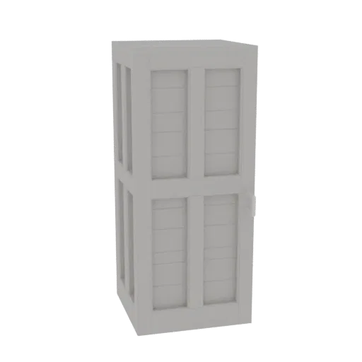A 3D render of a tall, gray, paneled cabinet with horizontal slats on the doors, set against a white background.