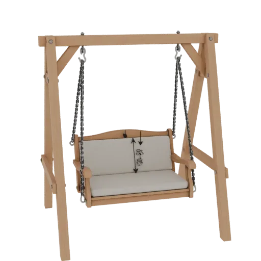 3D model of a classic wooden garden swing with light beige cushions, suspended by metal chains from a wooden A-frame.