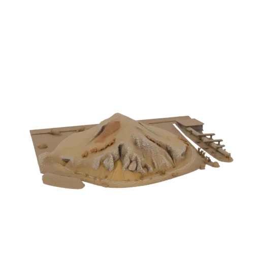 3D model of a desert mountain with eroded peak, a small structure, and a wooden walkway, set against a white background.
