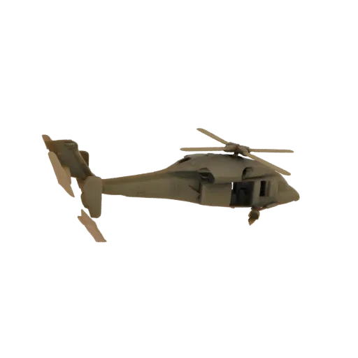 3D model of a UH-60 Black Hawk helicopter in a neutral pose, showcasing its military green finish and detailed rotor system.