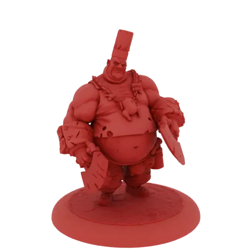 3D model render of a large, muscular Ogre Chef wearing a tall hat and holding two cleavers, with a roasted chicken around its
