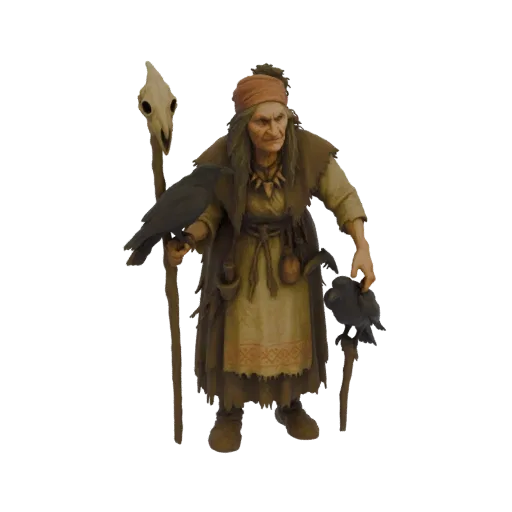 Modello 3D di un'antica strega con bastone teschio e due corvi, renderizzato con texture dettagliate.