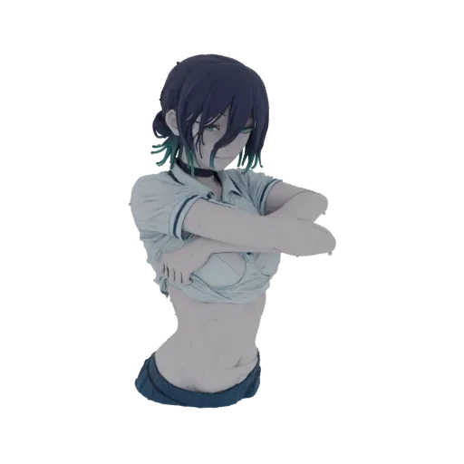 Modèle 3D d'une fille anime portant un uniforme scolaire, avec des cheveux sombres et des yeux verts, adoptant une pose bras