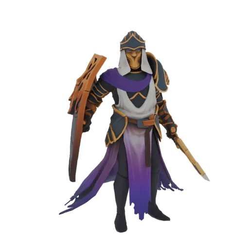 3D model of a Gothic Knight in dark armor, holding an ornate golden shield and a sword, with a tattered purple cape.