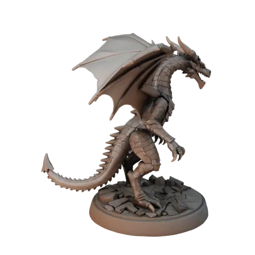 Dragon Miniature low poly 3D model preview showing silhouette, three-quarter game view, pose and resin detail