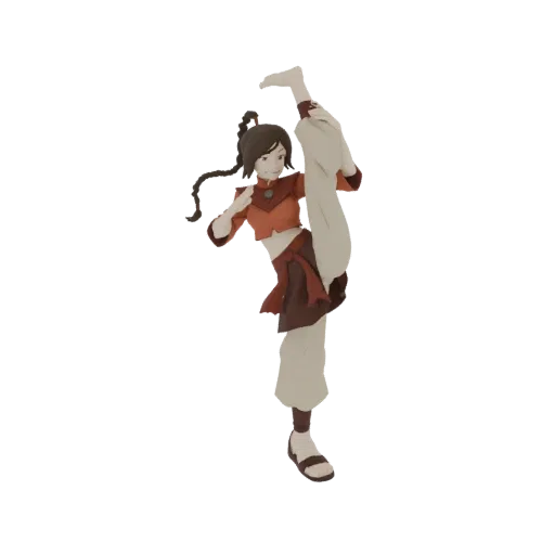 3D model of a martial artist in a dynamic vertical split kick pose, wearing red and brown attire.