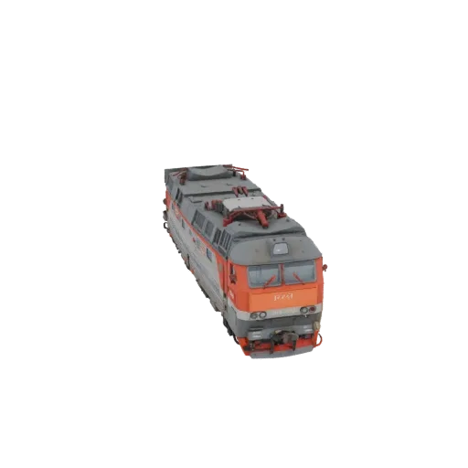 3D model of a Russian ER2T electric locomotive, viewed from a high angle, showcasing its red and grey livery and detailed des