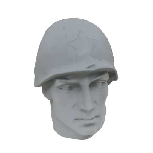 3D model of a Soviet soldier's head wearing a helmet with a star emblem, rendered in grayscale.
