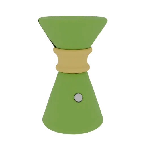3D model of a cocktail jigger with 20 ml and 40 ml measuring cups, green and yellow colors, on a black background.
