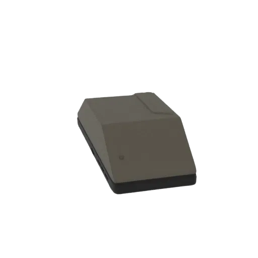 Renderização 3D de um dispositivo eletrônico geométrico compacto com parte superior cinza fosca e base preta, apresentando um