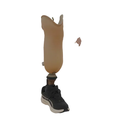 3D model of a prosthetic leg with a black sneaker, against a black background.