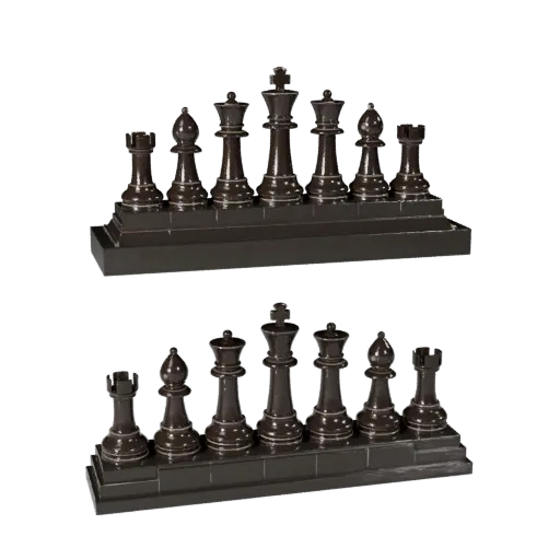 Vista previa del modelo 3D del render del producto del Set de Piezas de Ajedrez Clásico mostrando escala, vista de tres cuart