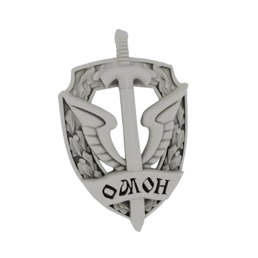 3D model of the OMON emblem, featuring a central sword, shield, laurel wreath, and the inscription 'OMOH'.