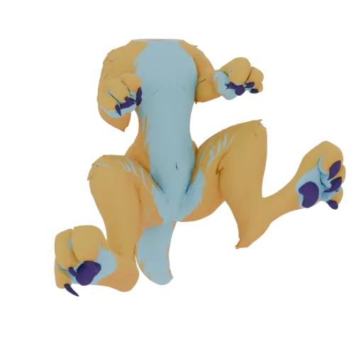 3D model of an orange and blue furred creature's torso with purple paws, viewed from below.
