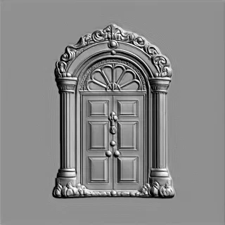 Modelo 3D de bajorrelieve "Grupo de Entrada" con columnas, arco y decoración, realizado en alto relieve.