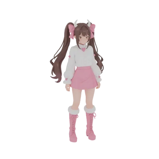 3D model of a cute anime girl with brown pigtails, pink skirt, white blouse, and small horns, standing and looking forward.
