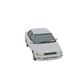 3D model of a classic white sedan with tinted windows, viewed from a slightly elevated front-right angle.
