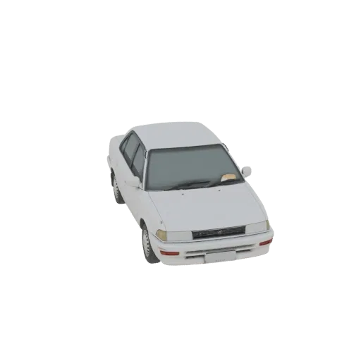 Modelo 3D de un sedán blanco clásico con ventanas tintadas, visto desde un ángulo frontal derecho ligeramente elevado.