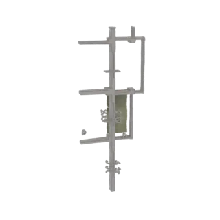 Modèle 3D d'une étagère industrielle moderne en tuyaux avec panneau en tissu vert, présentant des tuyaux métalliques gris et