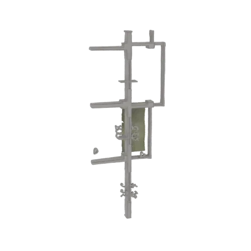 3D model of a modern industrial pipe shelf with a green fabric panel, featuring grey metal pipes and a utilitarian design.