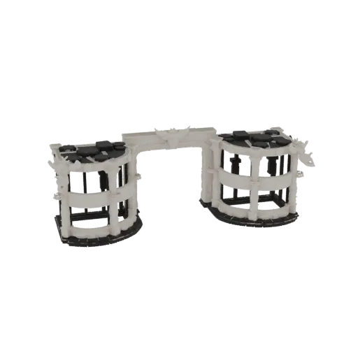 3D model of a ruined ancient colonnade archway with broken columns and a central arch, rendered on a white background.