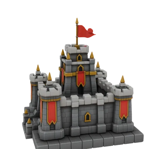 A 3D rendered model of a gray medieval castle with red banners and gold accents, featuring multiple towers and a red flag on