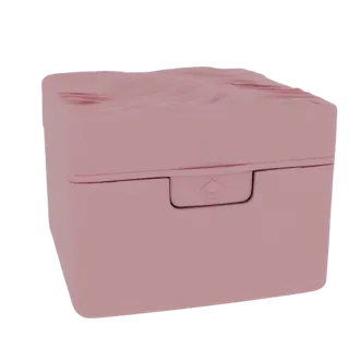 A 3D render of a pink square container with a textured, wavy lid and a front latch with an arrow symbol.