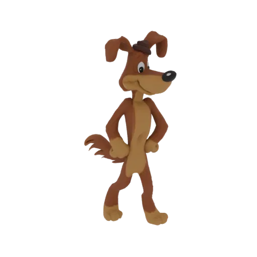 A 3D render of a brown claymation dog wearing a small hat, standing with its hands on its hips and a friendly smile.