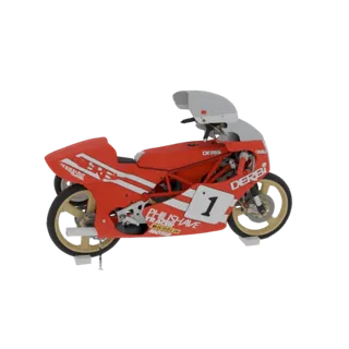A 3D render of a vintage red and white racing motorcycle with the number 1 prominently displayed on its side, against a white