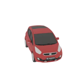 Modello 3D di un'auto hatchback rossa con tetto apribile nero, vista da un angolo anteriore-destro leggermente rialzato.