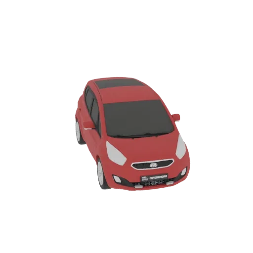 Modello 3D di un'auto hatchback rossa con tetto apribile nero, vista da un angolo anteriore-destro leggermente rialzato.