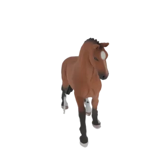 Un rendering 3D di un puledro marrone con una stella bianca sulla fronte, in piedi su sfondo bianco.
