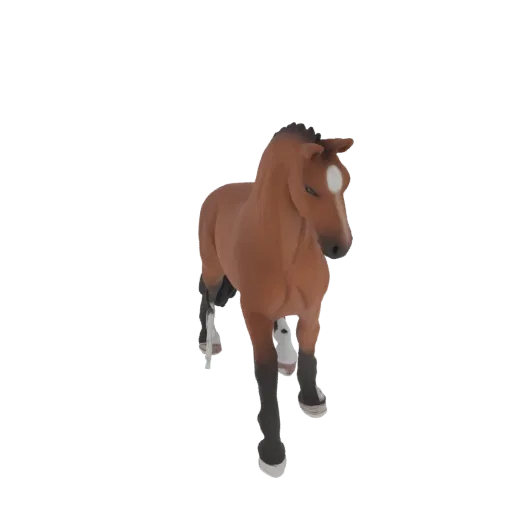 A 3D render of a brown foal horse with a white blaze on its forehead, standing on a white background.