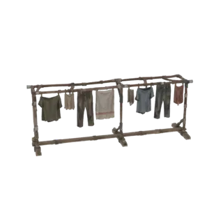 3D model of a rustic wooden clothesline with various items of clothing hanging, including shirts and pants.