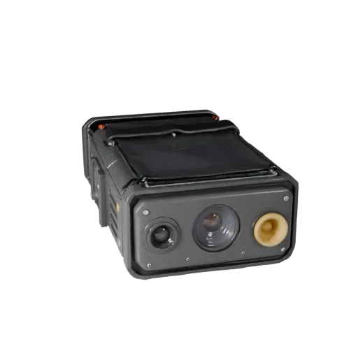 Modello 3D modulare Body Camera Riot, vista isometrica del kit, con scudi trasparenti e silhouette protettiva.