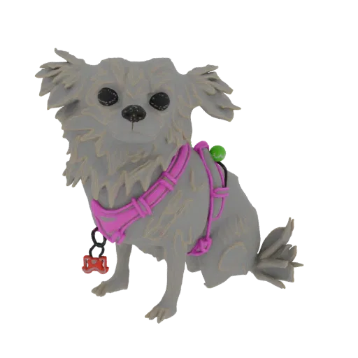3D model of a fluffy gray dog wearing a pink harness and a red tag, sitting and looking forward.