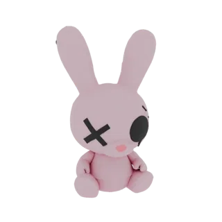 A 3D render of a cute pink bunny sitting down, with black X-shaped eyes and a small pink nose, against a white background.