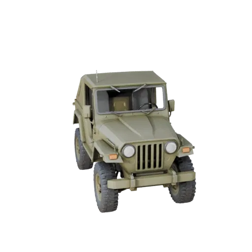 Low Poly Militär-Jeep 3D-Modell, Drei-Viertel-Spiel-Viewport, Low-Poly-Fahrzeug-Asset mit Panzerungsmassen, robuster Rad- ode
