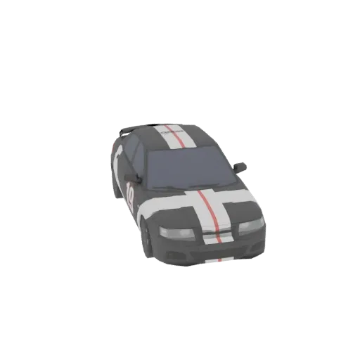 Uma renderização 3D de um carro de corrida preto e branco com listras vermelhas e o número 19, visto de um ângulo de três qua