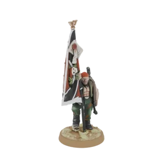 Modello 3D di un Portastendardo della Guardia Imperiale che tiene un grande e dettagliato stendardo, in piedi su una base tex