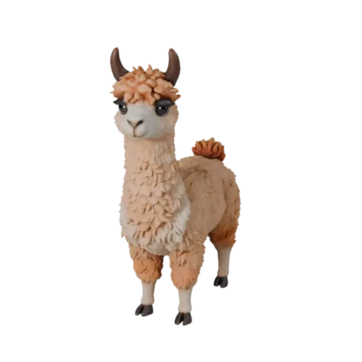 Modèle 3D d'alpaga cartoon, rendu de vie sauvage de profil, asset animal stylisé avec silhouette de cornes ou bois, anatomie