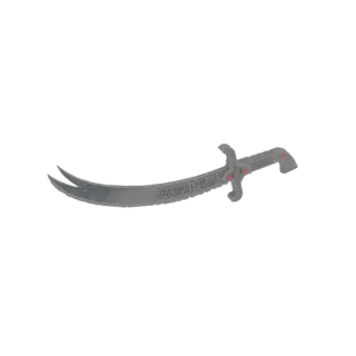 3D model of a curved Arabic scimitar with ornate engravings and red accents on the hilt, presented on a white background.