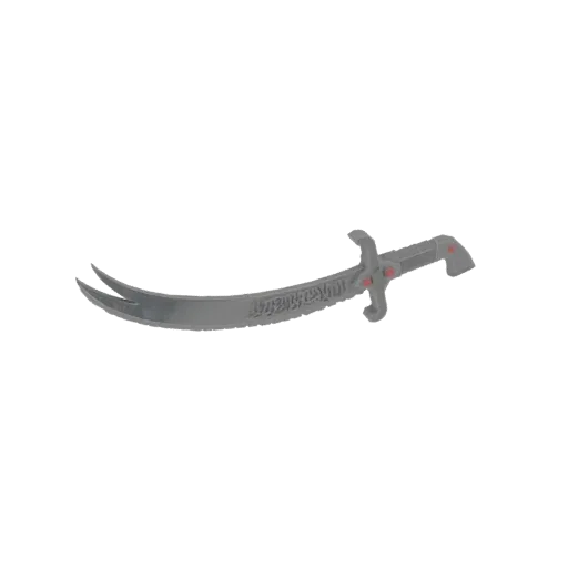 3D model of a curved Arabic scimitar with ornate engravings and red accents on the hilt, presented on a white background.