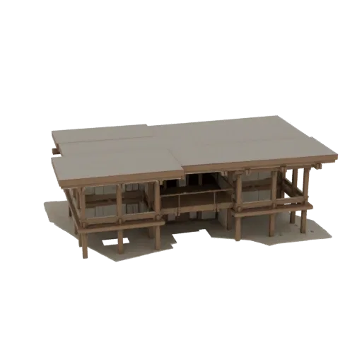 Modèle 3D de pavillon japonais traditionnel avec structure en bois, véranda ouverte et toit superposé, sur fond noir.