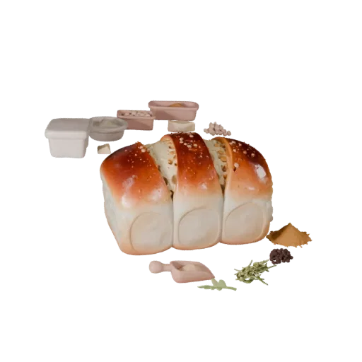 Bread Loaf High Poly 3D model, close-up studio render, showing powders, small ingredient shapes.