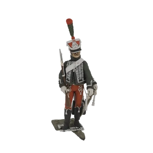 3D model of a French Hussar soldier in a dark green uniform with red pants, holding a musket and wearing a tall shako with a