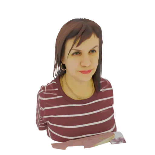 AI-generated 3D model of a woman with brown hair wearing a maroon and white striped shirt, with hoop earrings and a necklace.