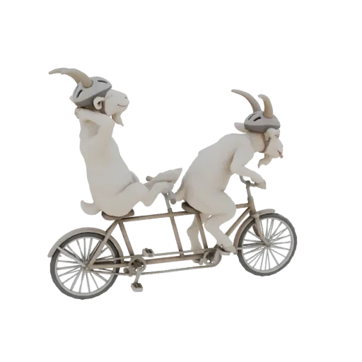 3D model of two white goats wearing helmets, riding a tandem bicycle with a light brown, clay-like texture.