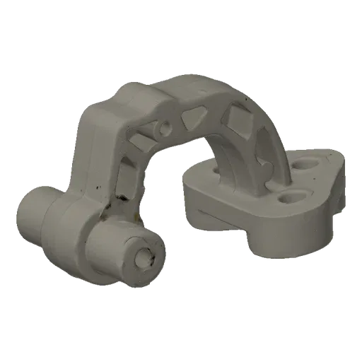 A 3D render of a white industrial metal bracket with a flat mounting flange and pre-drilled holes, set against a black backgr