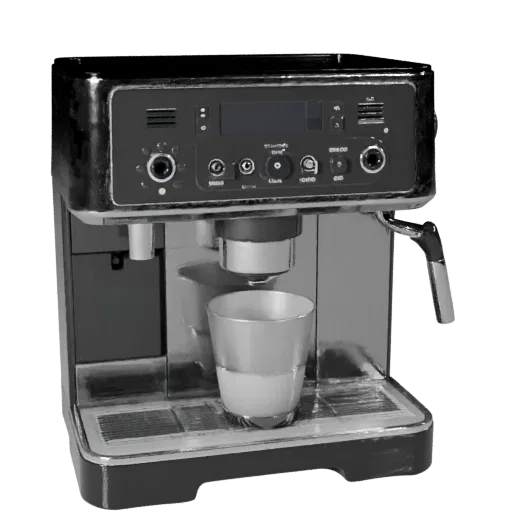 Máquina de Café de Aço Inoxidável modular 3D, sala de jantar, vista isométrica do kit modular, detalhe em plástico.